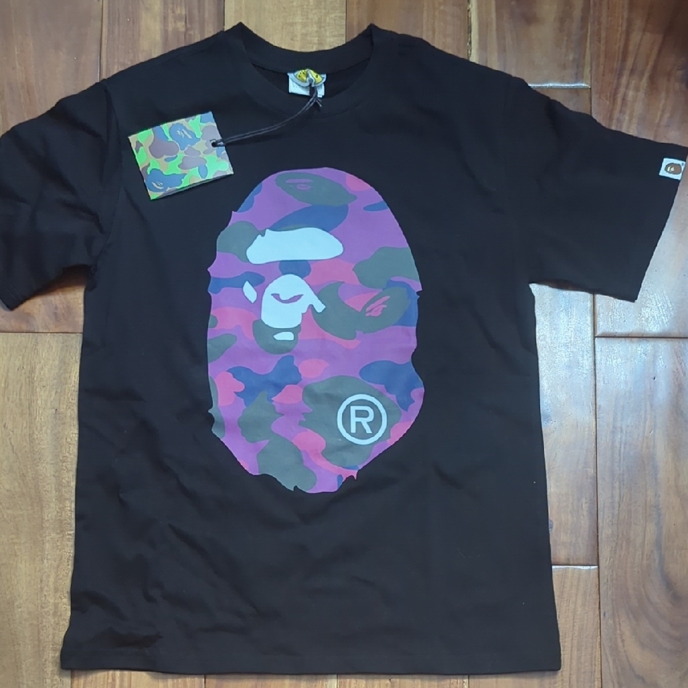 Bape Black Short Sleeve Tee with Purple & Green Camo Ape Logo
